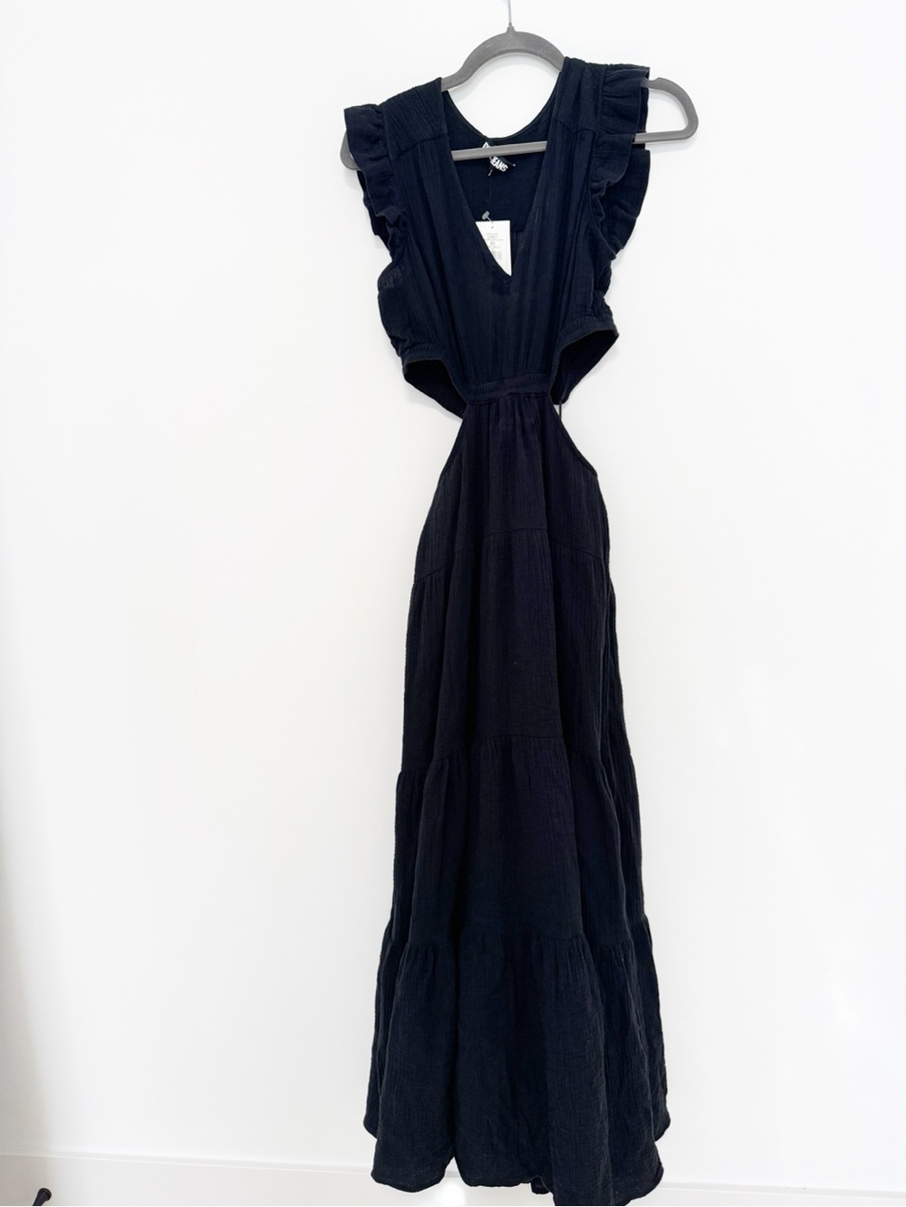 NWT DKNY Jeans Women's Linen-Blend Tiered V-Neck Cutout Dress Black Sz S - Picture 4 of 7